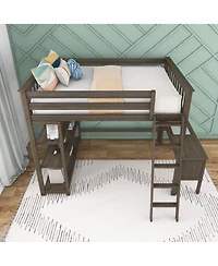 Max and Lily Full High Loft Bed with Desk, Ladder Bookcase, Solid Wood Frame, Space Saving, 400 lbs Weight Capacity, Easy Assembly