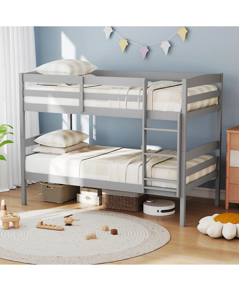 Slickblue Solid Wood Twin Bunk Bed Frame with High Guardrails and Secure Ladder