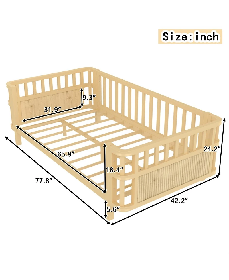 Rainsken Twin Kids Bed Frame with Rails, Montessori Frame, a low iron double bed, for Girls Boys Teens, No Box Spring Needed