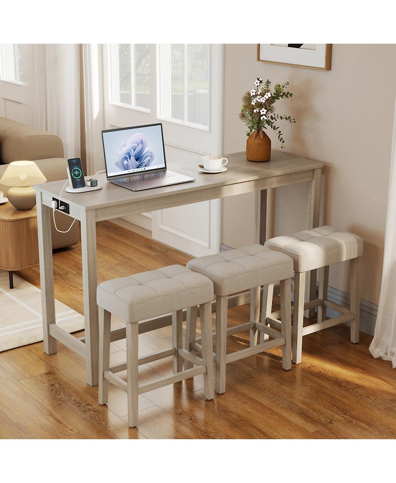 Gymax 4PCS Bar Table Set w/Charging Station 3 Padded Stools for Living Room Kitchen