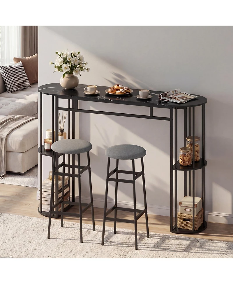 Gymax 3 Pieces 60'' Bar Table Set for 2 w/ Faux Marble Tabletop and Storage Shelves
