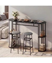 Gymax 3 Pieces 60'' Bar Table Set for 2 w/ Faux Marble Tabletop and Storage Shelves
