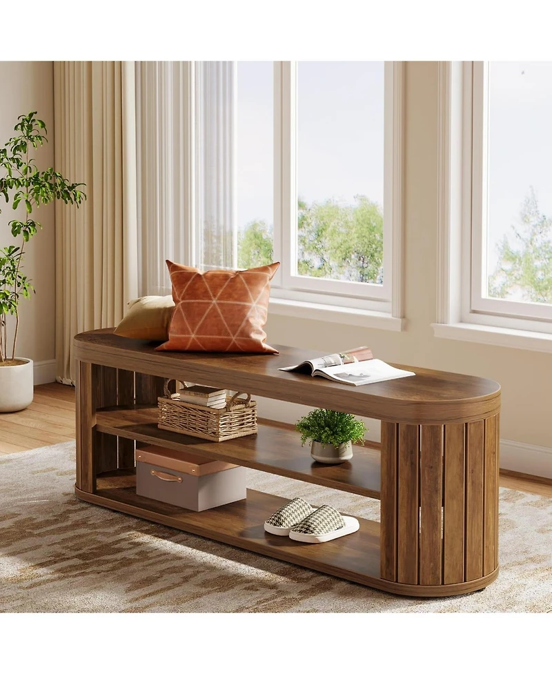Tribesigns 47.2" Wooden Entryway Bench with 2-Tier Shoe Storage, Farmhouse Dining Bench with Adjustable Foot Pads