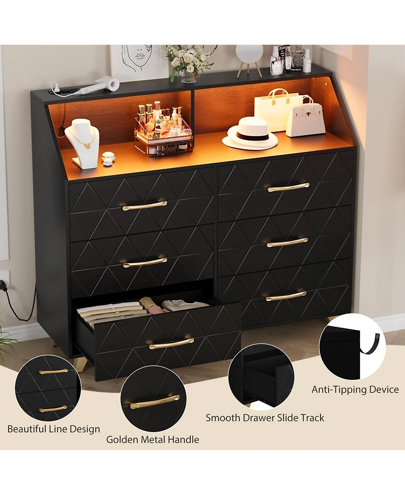 gaomon 6 Drawer Dresser with Charging Station, Shelf and Led Light, 47 inches Modern Wooden Chest