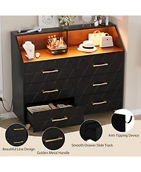gaomon 6 Drawer Dresser with Charging Station, Shelf and Led Light, 47 inches Modern Wooden Chest