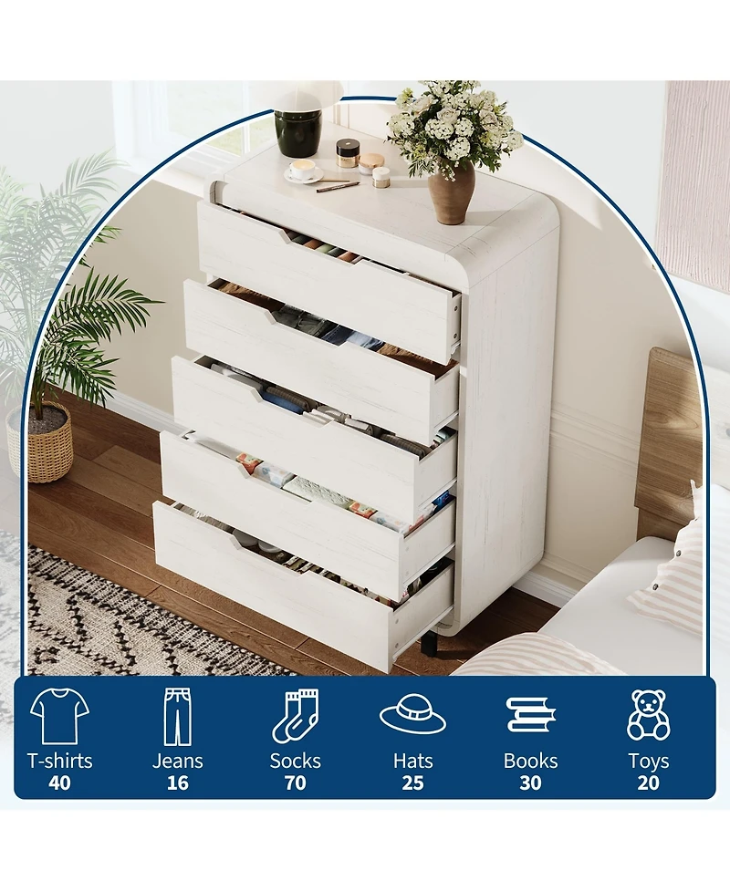 gaomon 48" Tall 5 Drawer Wood Dresser with Handleless and Detachable Legs, Modern Storage Chest
