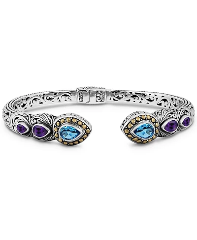 Devata Swiss Blue Topaz, Amethyst and Ubud Cuff Bracelet Sterling Silver 18K Gold Accents