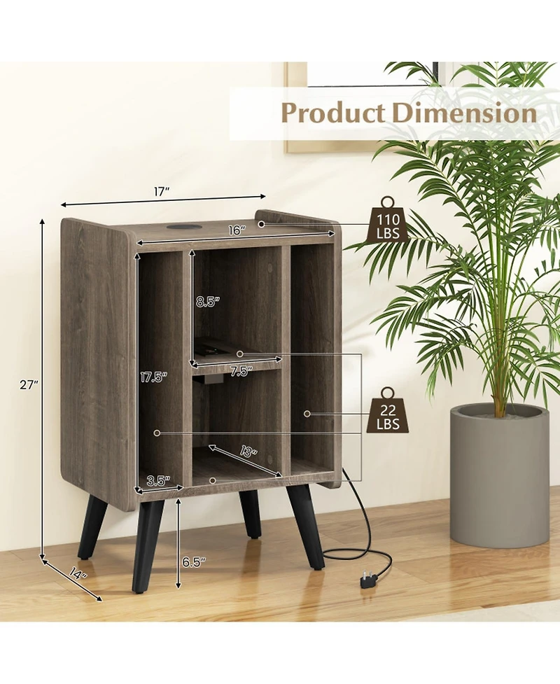 Gouun Turntable Stand with Record Storage and Charging Ports, 4 Open Shelves