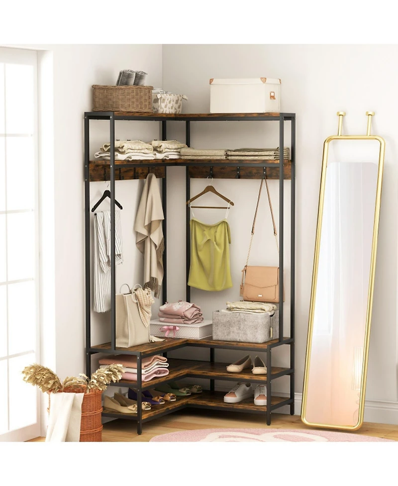 Gouun Wood Corner Hall Tree with Shoe Bench and Open Shelves