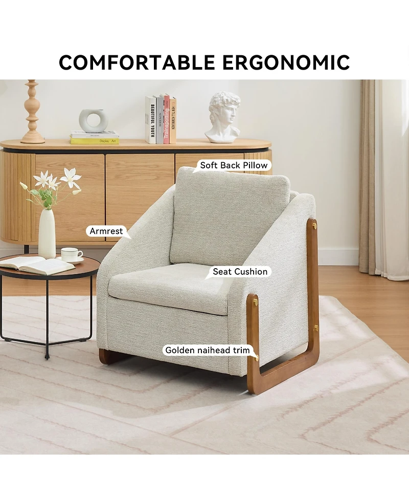 Rainsken Modern Accent Chair, Chenille Fabric Upholstered Armchair with Wooden Side Frame and Golden Nailhead Trim for Living Room, Set of 1