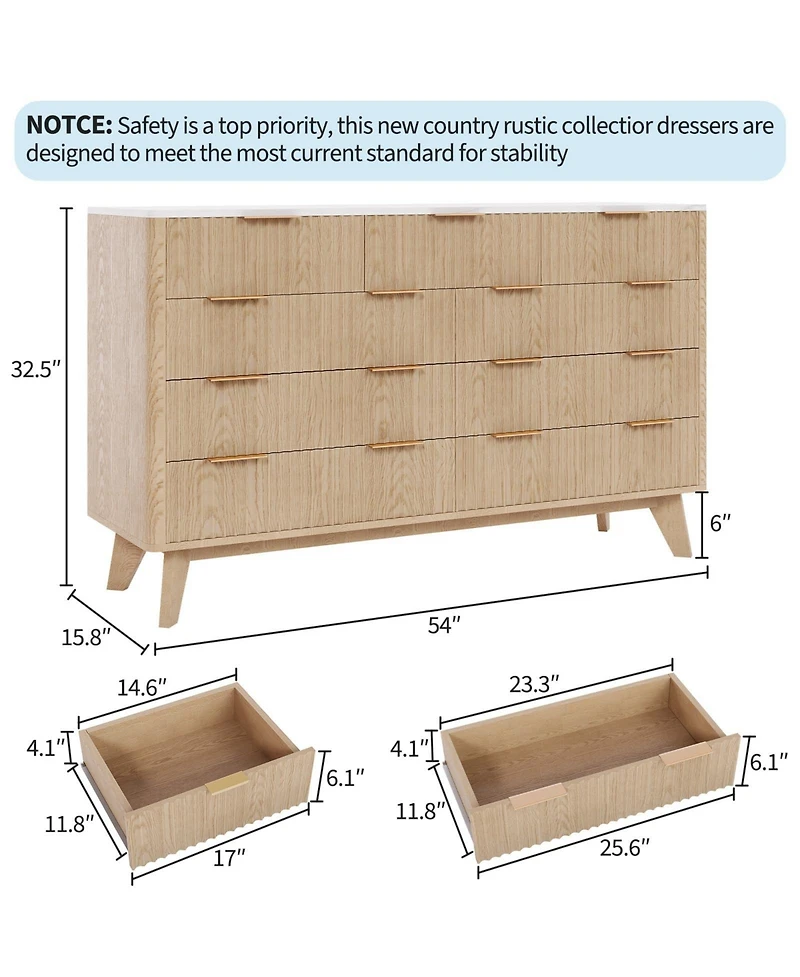 gaomon 54" Fluted 9 Drawer Wood Dresser with Metal Handles and Curved Profile, Modern Tv Stand