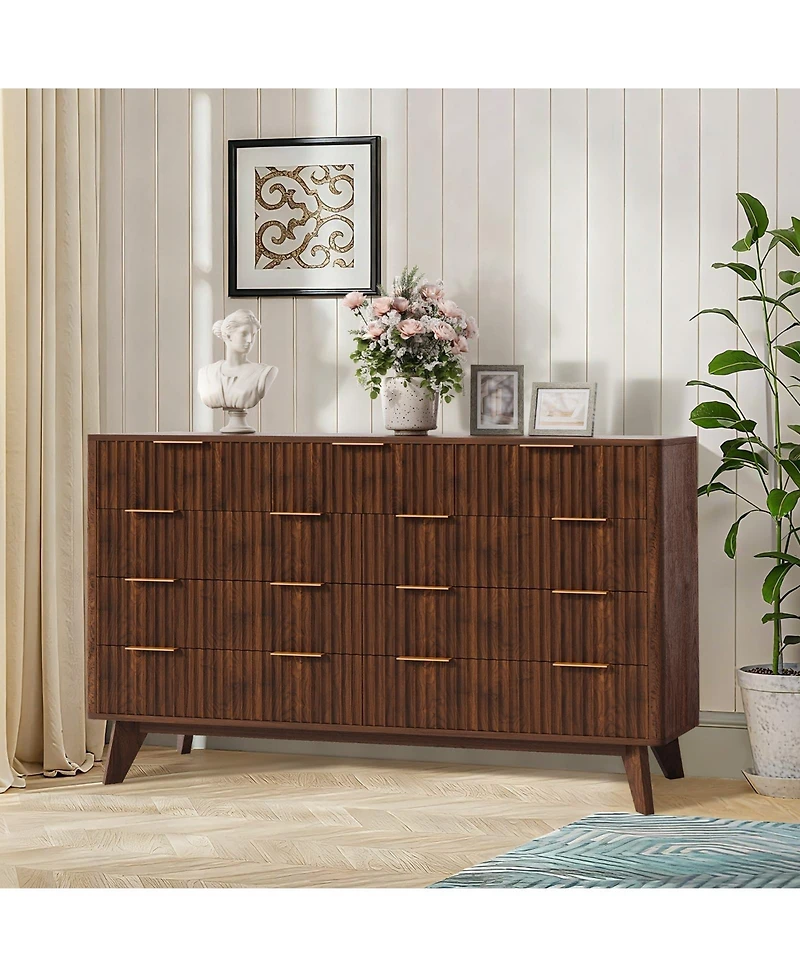 gaomon 54" Fluted 9 Drawer Wood Dresser with Metal Handles and Curved Profile, Modern Tv Stand