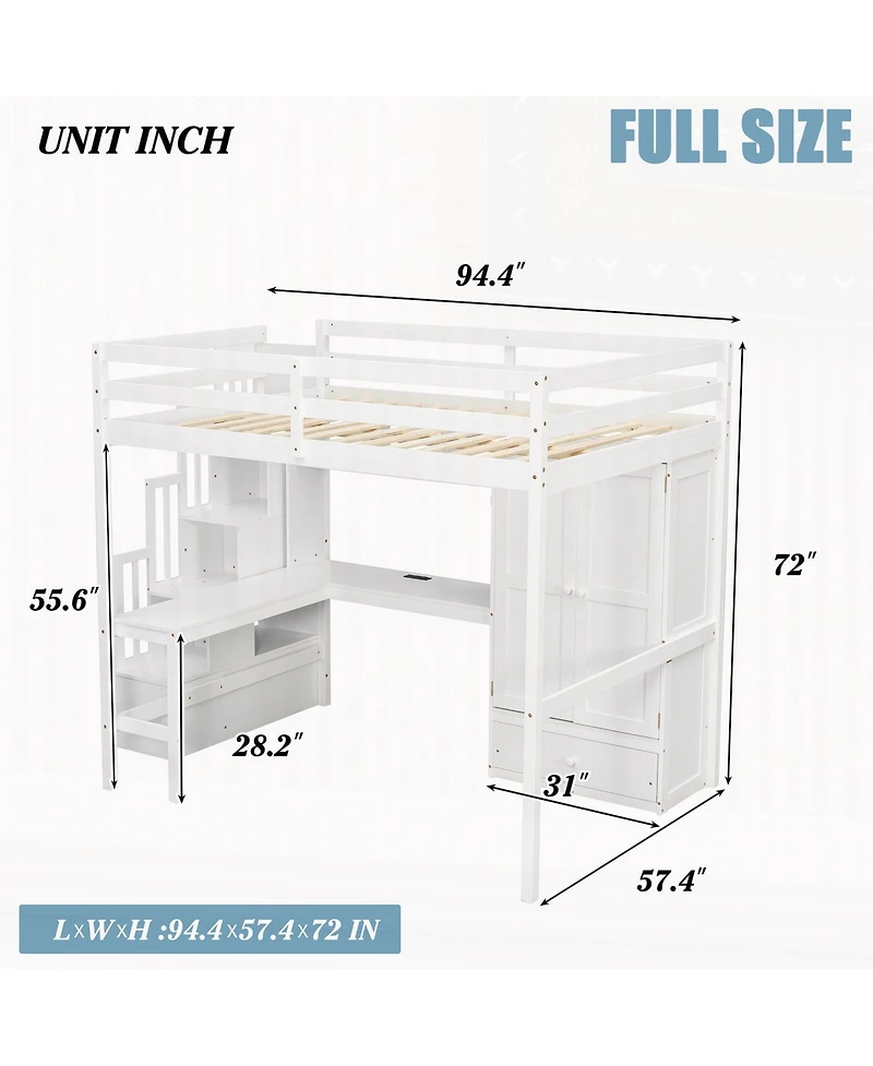 Sailvan Loft Wood Bed with Desk, Bookshelves and Wardrobe Doors Drawer