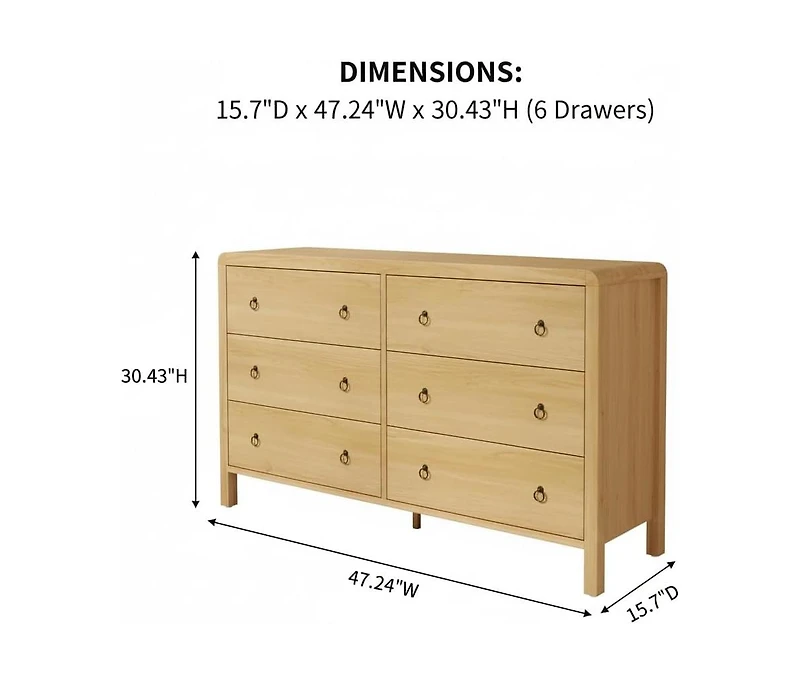 gaomon 6 Drawer Dresser for Bedroom, Wood Dresser with Large Storage Drawers, Modern Curved Angle Clothes Organizer for Closet