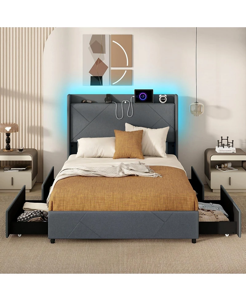 Slickblue Platform Bed Frame with Led Lighting and Usb Charging Station, Bedroom Furniture