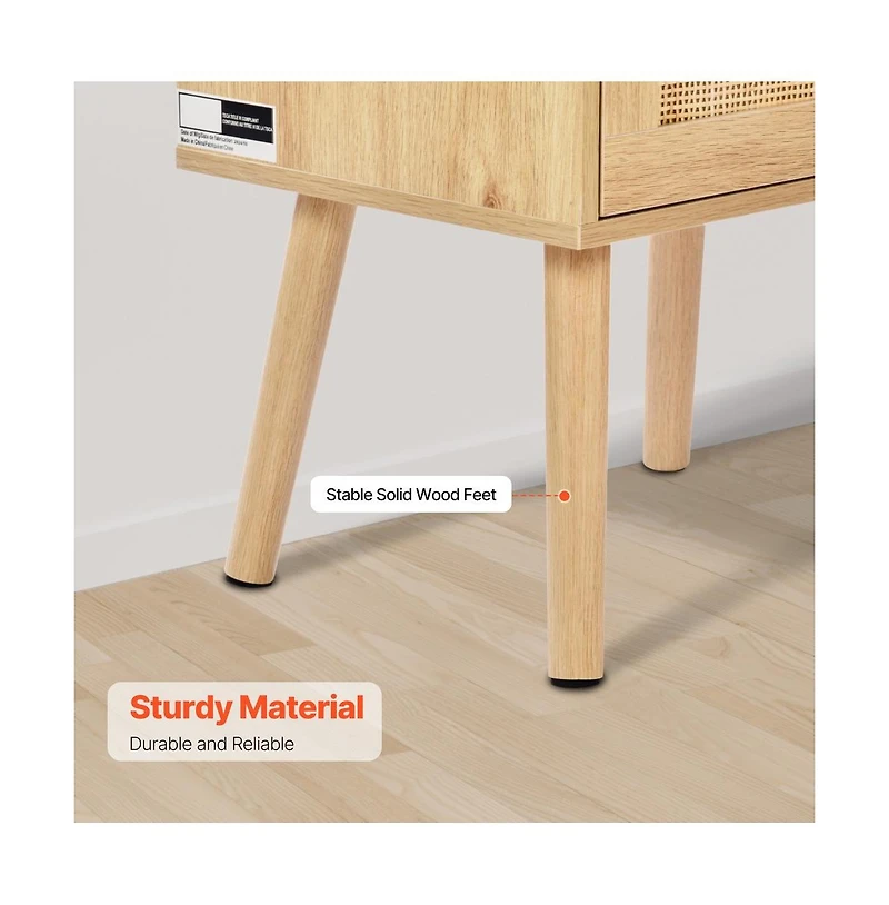 Sugift Rattan Nightstand with Built-In Charging Station, Drawer, and Open Shelf