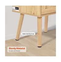 Sugift Rattan Nightstand with Built-In Charging Station, Drawer, and Open Shelf