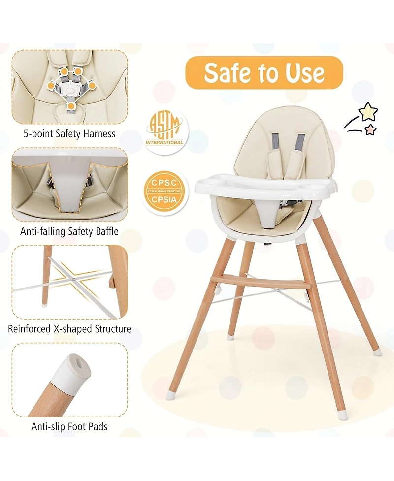 Gouun Baby Wooden High Chair with 4-Level Dishwasher Safe Tray