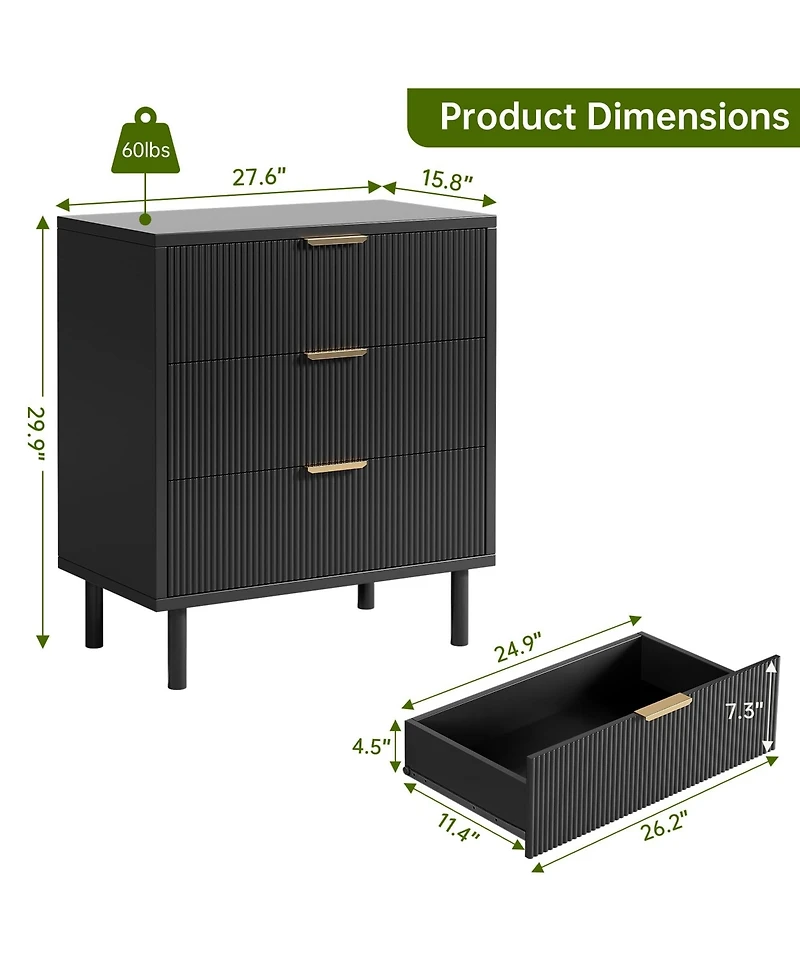gaomon Fluted 3 Drawer Modern Dresser with Metal Legs, Wood Storage Chest for Bedroom Living Room