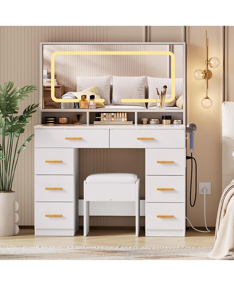 Homfan Makeup Vanity Desk Set with Large Lighted Mirror, 8 Drawers, 3 Storage Shelves, Glass Top, Stool, Built-in Power Outlet