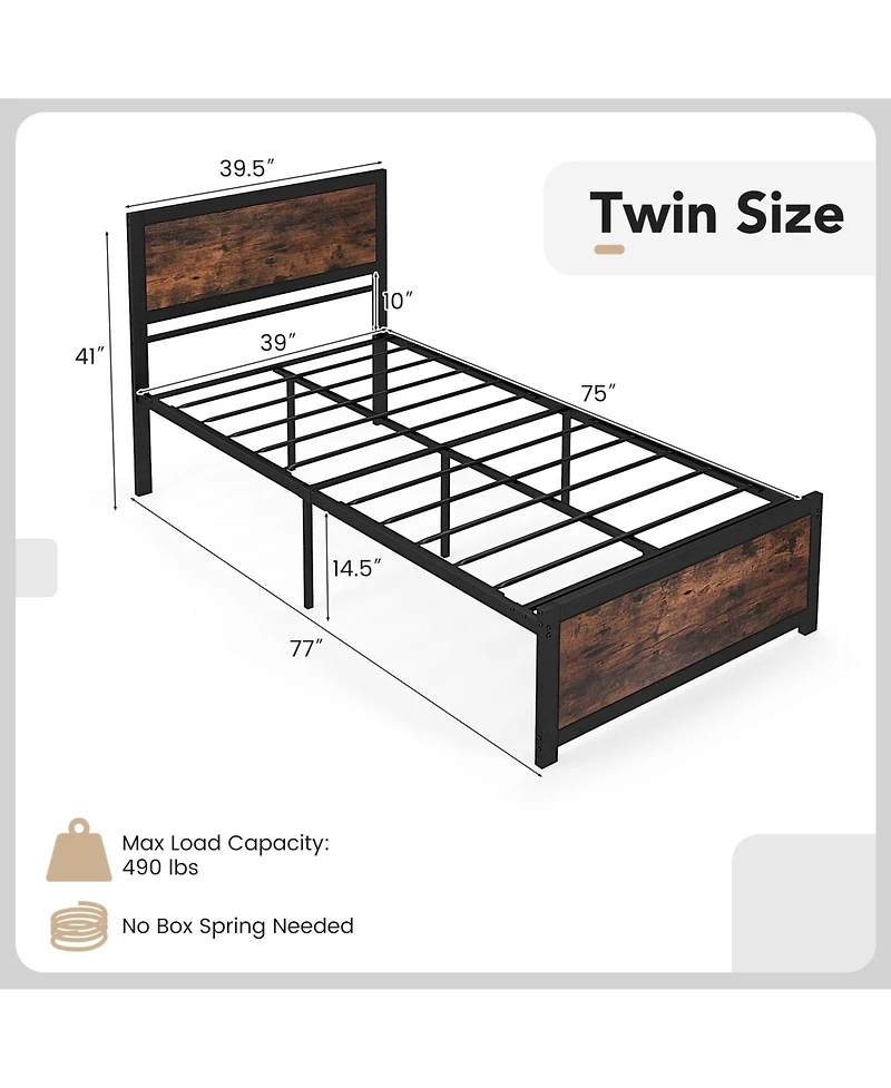 Slickblue Heavy Duty Metal Bed Frame with Tall Headboard and Noise Reducing Mute Bars-Rustic