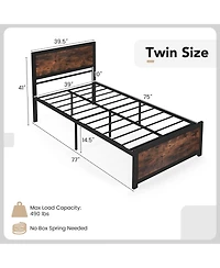 Slickblue Heavy Duty Metal Bed Frame with Tall Headboard and Noise Reducing Mute Bars-Rustic