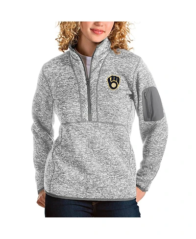 Antigua Women's Heather Gray Milwaukee Brewers Fortune Half-Zip Pullover Jacket
