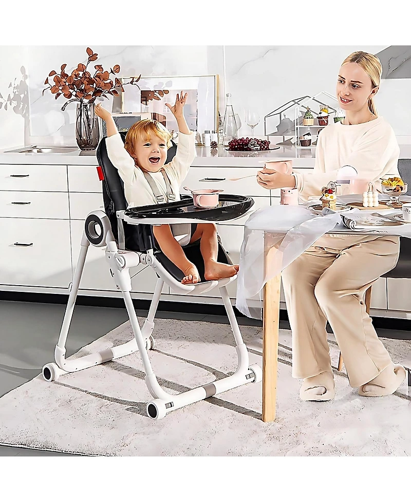 Gouun Baby Foldable High Chair with 4 Lockable Wheels and Double Tray