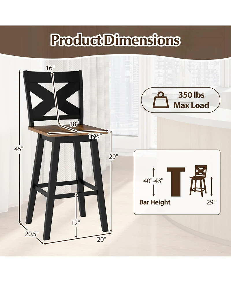 Slickblue Set of 2 Rubberwood Swivel Barstools with Backrest & Wide Seat