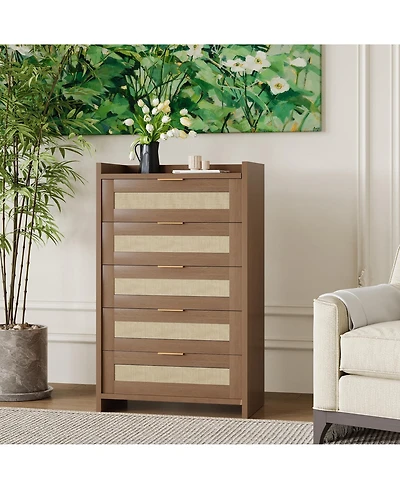 gaomon Rattan 5 Drawer Dresser, 46" Tall Wooden Chest with Metal Handles for Bedroom, Living Room