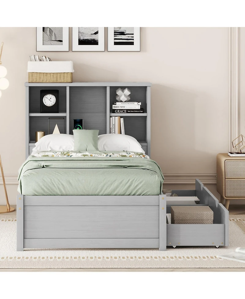 Rainsken Twin Storage Bed, with Bookcase Headboard and 2 Drawers, Built-in Usb Port, for Kids Teens Adults, No Box Spring Needed