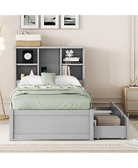 Rainsken Twin Storage Bed, with Bookcase Headboard and 2 Drawers, Built-in Usb Port, for Kids Teens Adults, No Box Spring Needed