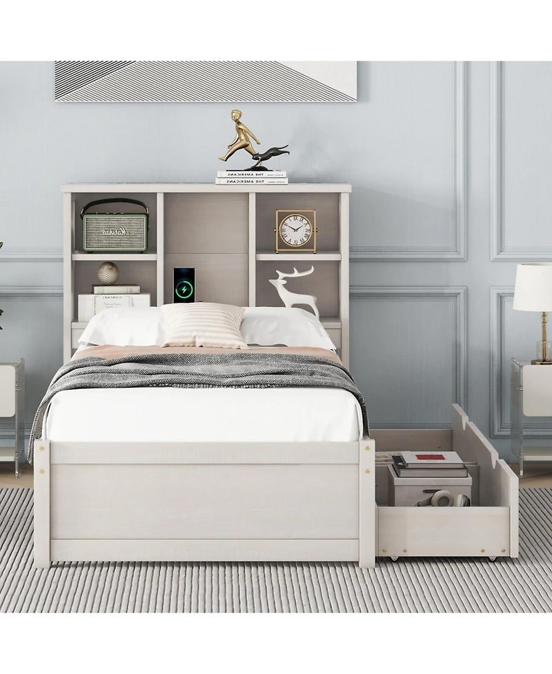 Rainsken Twin Storage Bed, with Bookcase Headboard and 2 Drawers, Built-in Usb Port, for Kids Teens Adults, No Box Spring Needed