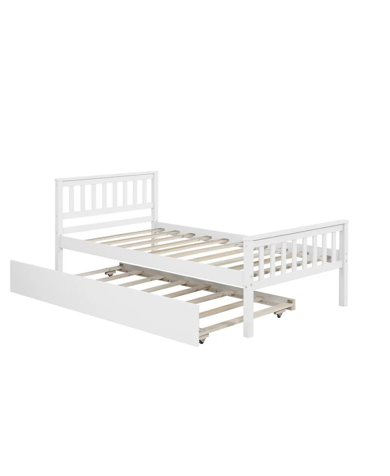 Rainsken Twin Bed with Trundle, Wood Platform Frame Headboard and Footboard, No Box Spring Needed for Kids Boys Girls Teens