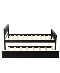Rainsken Twin Bed with Trundle, Wood Platform Frame Headboard and Footboard, No Box Spring Needed for Kids Boys Girls Teens