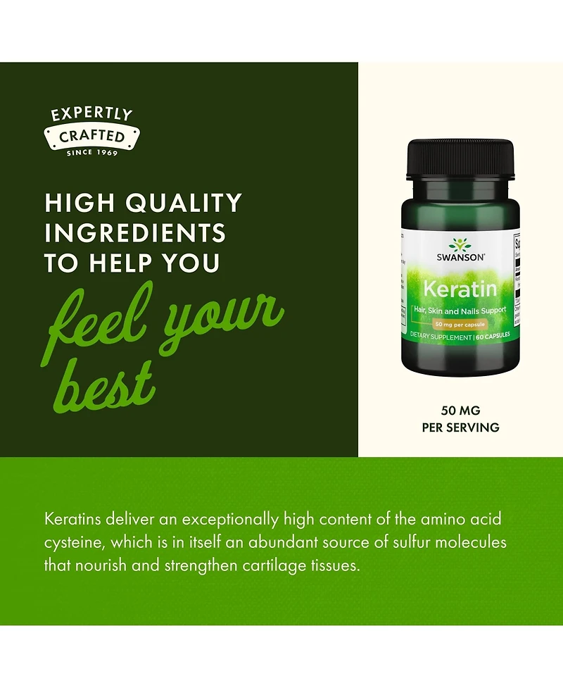 Swanson Keratin From Tibetan Wool, Healthy Joints, Hair, Skin and Nails, Nourishes Connective Tissues, Natural Supplement, 50 mg, 60 Capsules