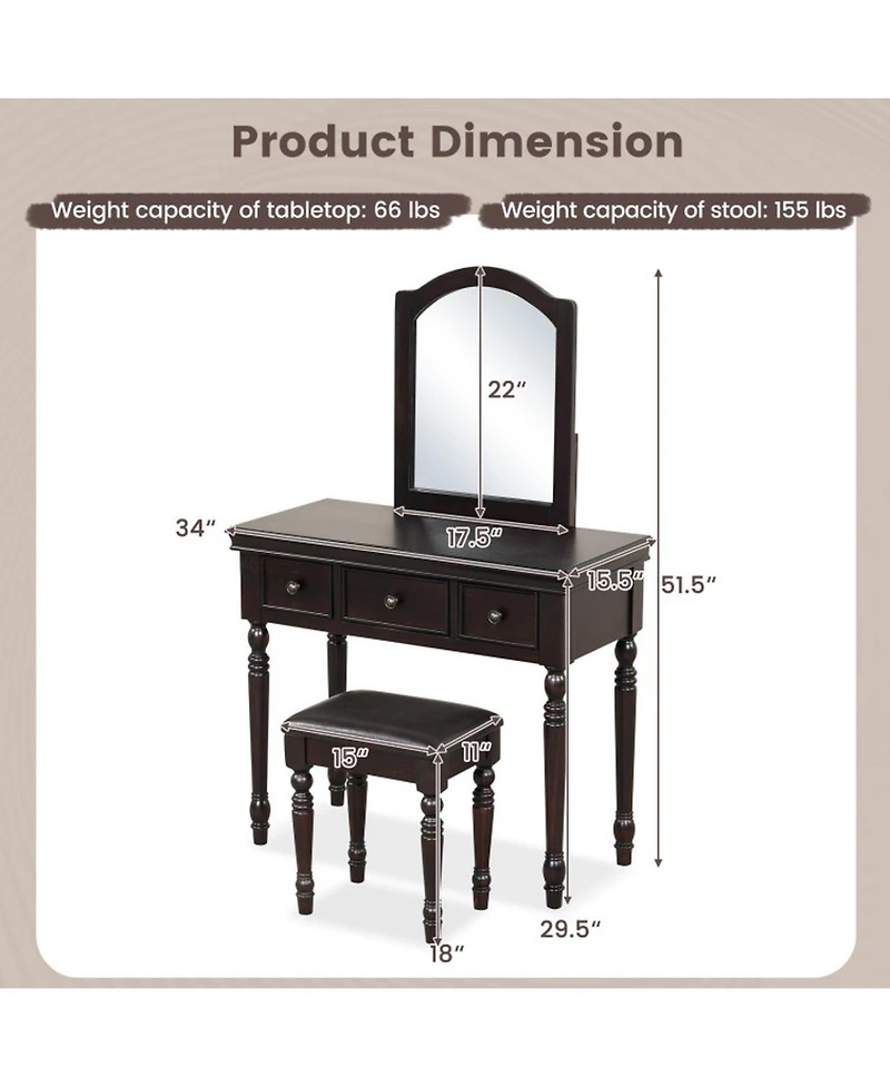 Gouun Wood Makeup Vanity Table and Stool Set with Lighted Mirror