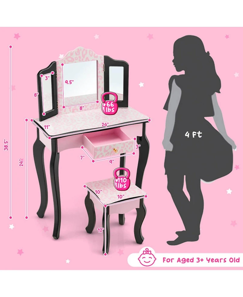 Gouun Kids Wood Makeup Dressing Table with Dimmable Lights and Stool