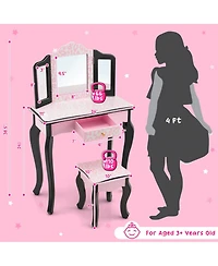 Gouun Kids Wood Makeup Dressing Table with Dimmable Lights and Stool