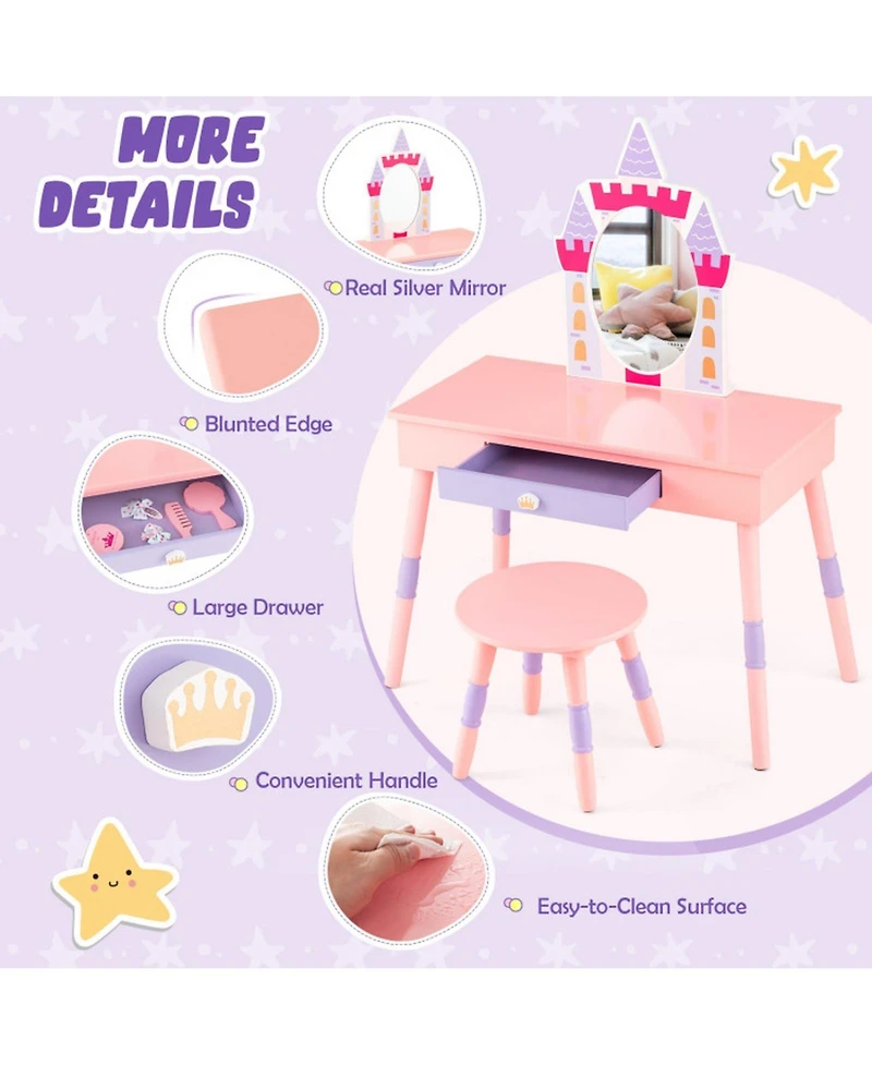 Gouun Wood Kids Princess Vanity Set with Mirror and Stool