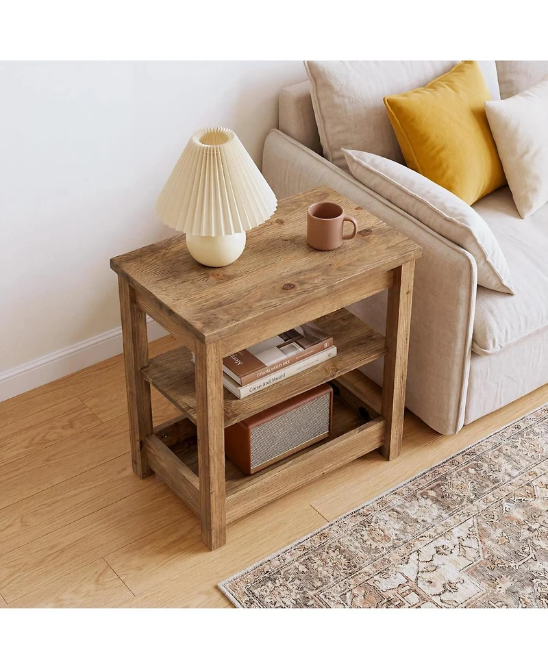 Tribesigns Solid Wood End Table with 3-Tier Storage Shelf, Farmhouse Narrow Sofa Side Table, Small Rectangular Nightstand