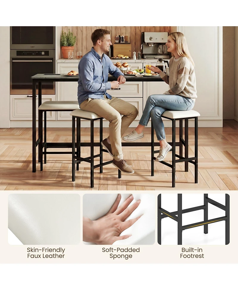 Gymax 4Pieces Counter Height Bar Table with Power Outlet 3 Padded Stools for Breakfast Nook