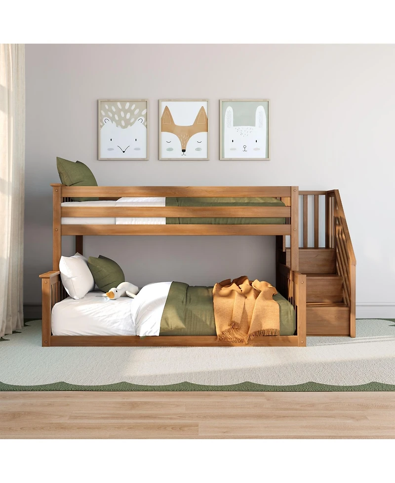 Max & Lily Wooden over Full Low Bunk Bed for Kids with Staircase, Pecan
