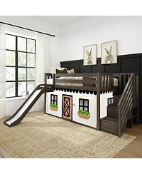 Max & Lily Low Twin over Bunk With Stairs, Easy Slide and Black White Farmhouse Curtain