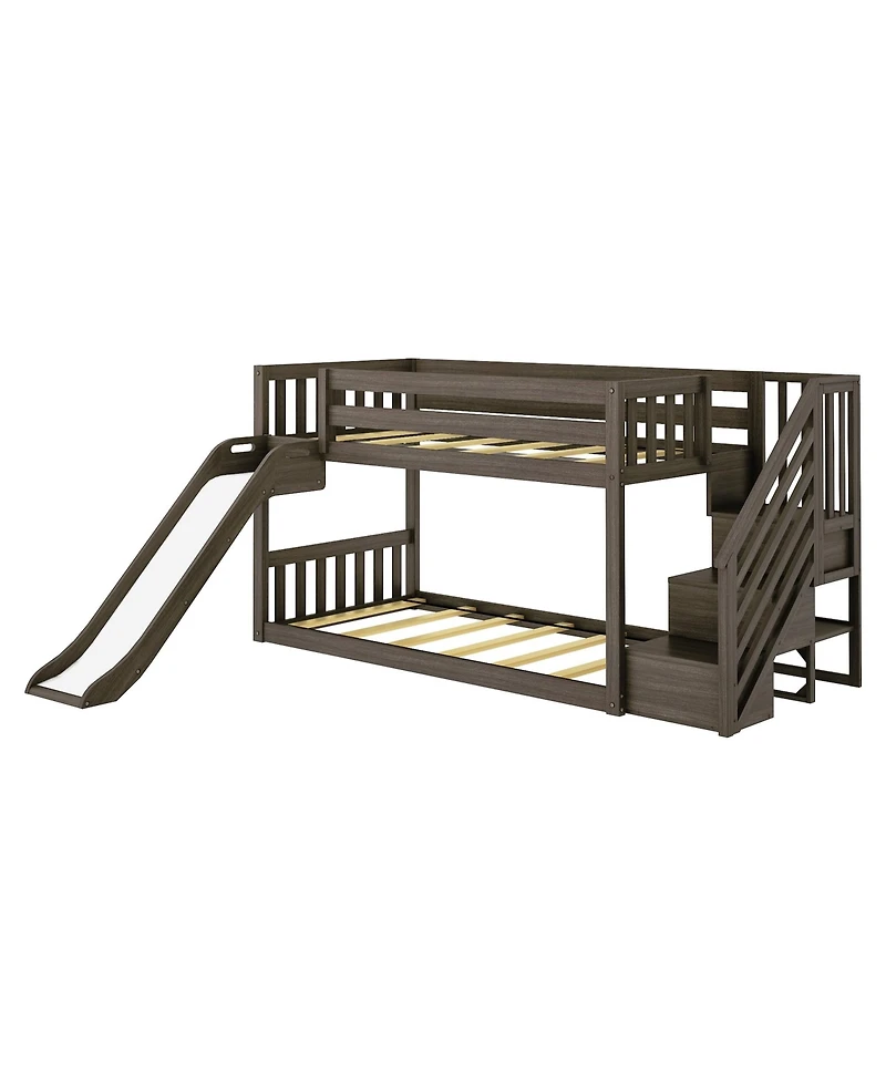 Max & Lily Low Twin over Bunk With Stairs, Easy Slide and Black White Farmhouse Curtain