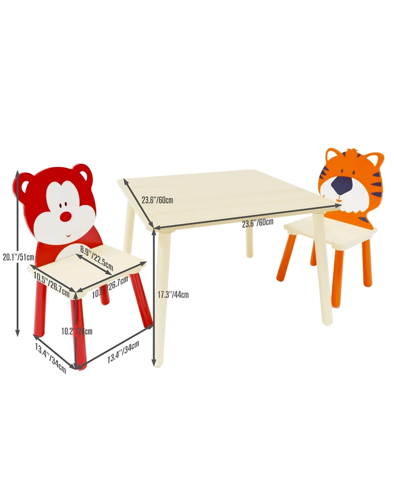 Rainsken 3 Piece Wood Table and Chair Set, with 2 BearandTiger Animals Chairs, Wood Activity Tables Drawing Play Table Set, for Age 2-6 Boy Girl