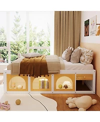 Rainsken Full Size Platform Bed, Modern Wooden Bed Frame with Bookshelf, Side Display Cabinet, Led Light and Storage Drawer for Kids and Teens