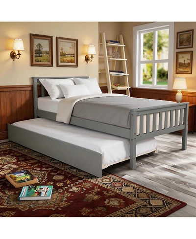 Sailvan Twin Bed with Trundle, Solid Wood Platform Frame Headboard, No Box Spring Needed