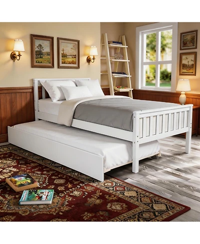 Sailvan Twin Bed with Trundle, Solid Wood Platform Frame Headboard, No Box Spring Needed