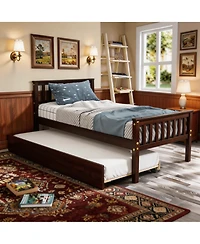 Sailvan Twin Bed with Trundle, Solid Wood Platform Frame Headboard, No Box Spring Needed